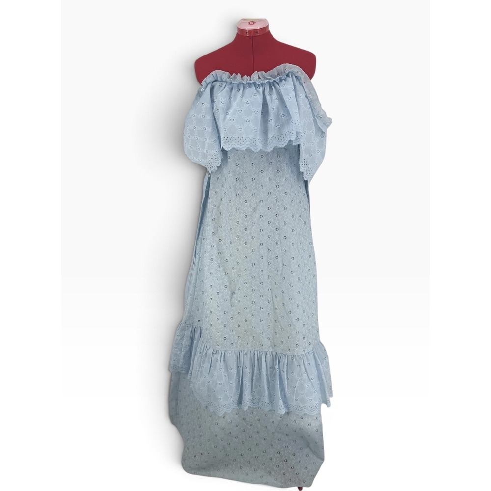 VTG 70s Peasant Dress Peanuts of California Baby Blue Eyelet Off Shoulder S - Picture 1 of 9